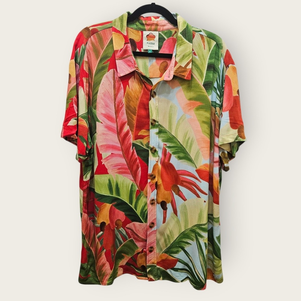 Farm Rio XL Tropical Banana Leaf Button Down Camp Shirt Multicolor Short Sleeve